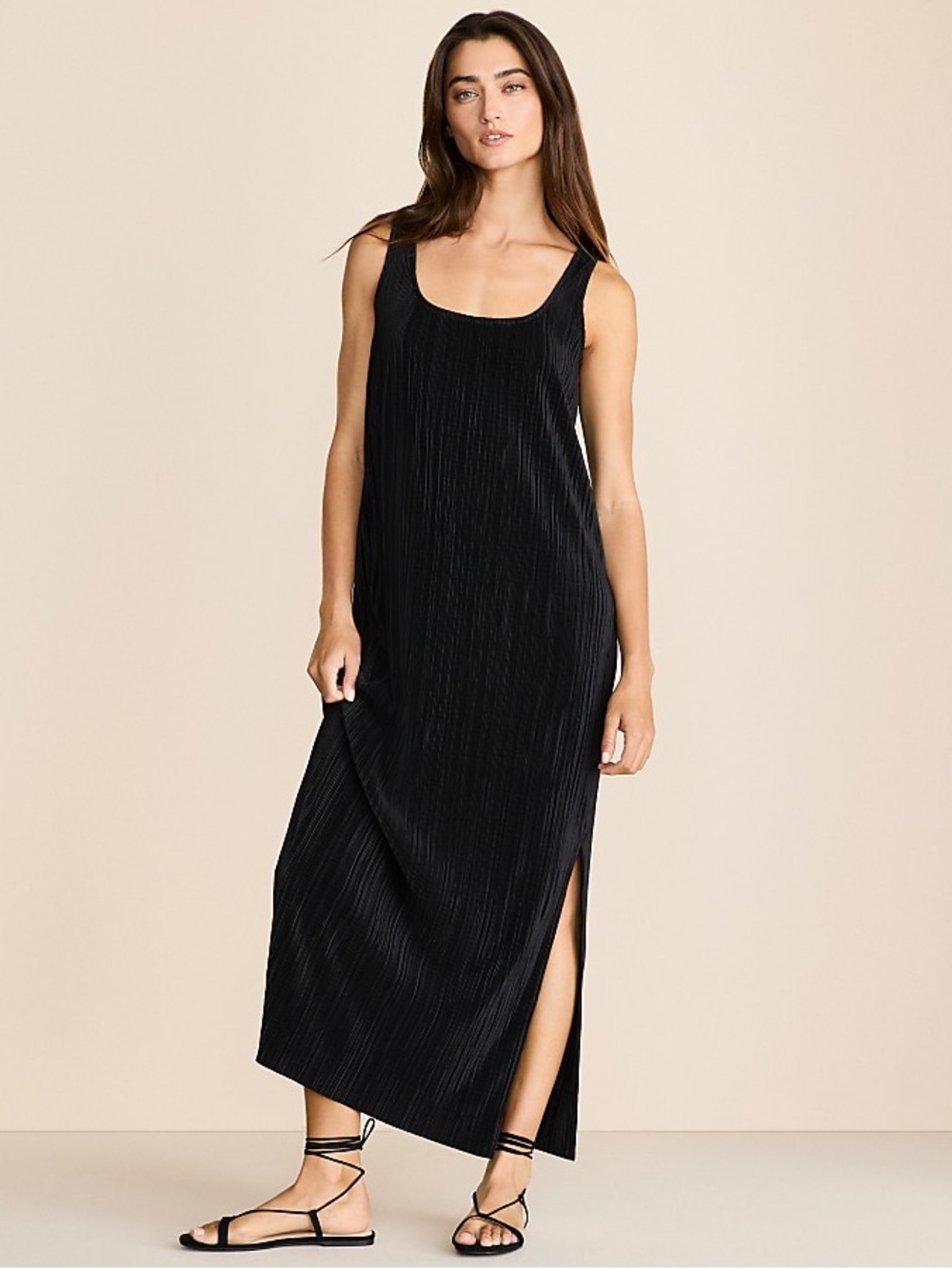 Lou & Grey Plisse Tie Back Tank Maxi Dress with Side Slit, L